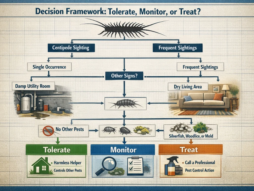 Decision Framework: Tolerate, Monitor, or Treat? diagram for house centipede