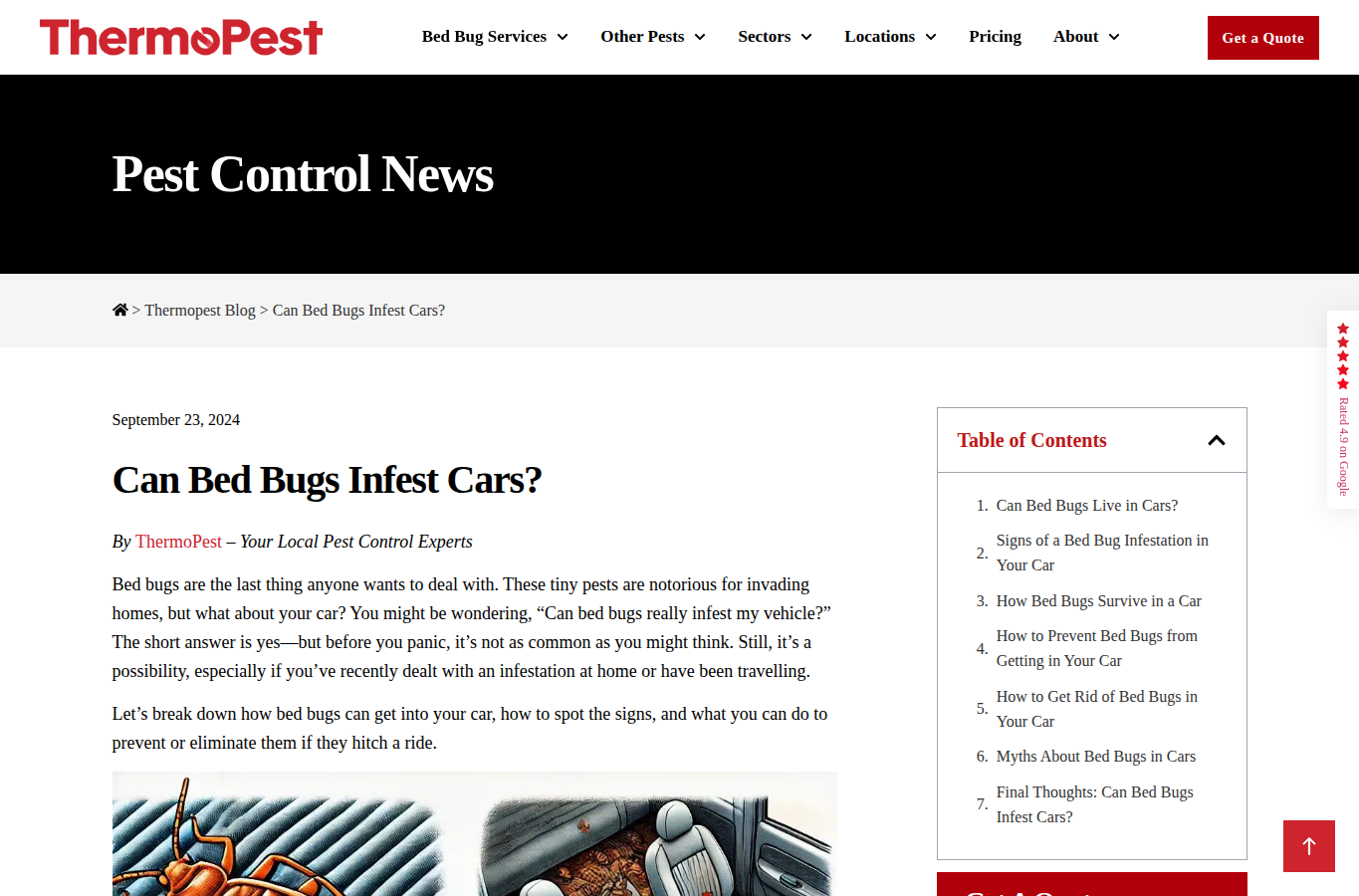 ThermoPest page screenshot for bed bugs in car