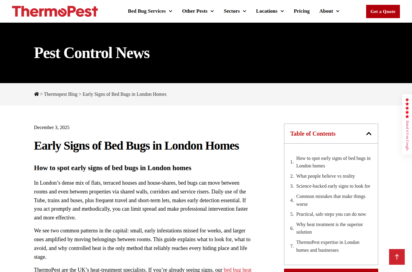 ThermoPest website screenshot for tower hamlets bed bugs
