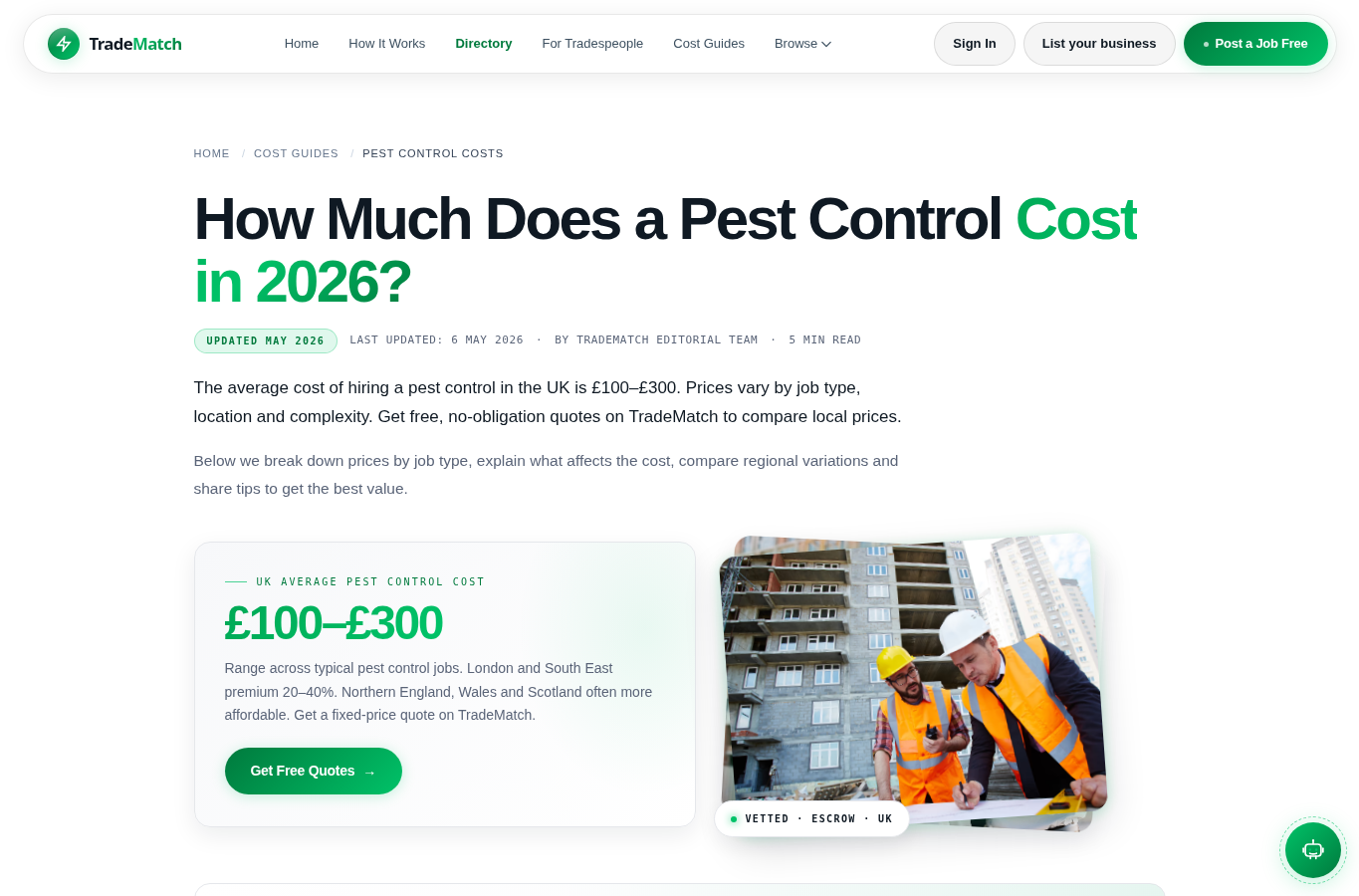 TradeMatch UK website screenshot for pest control east london prices