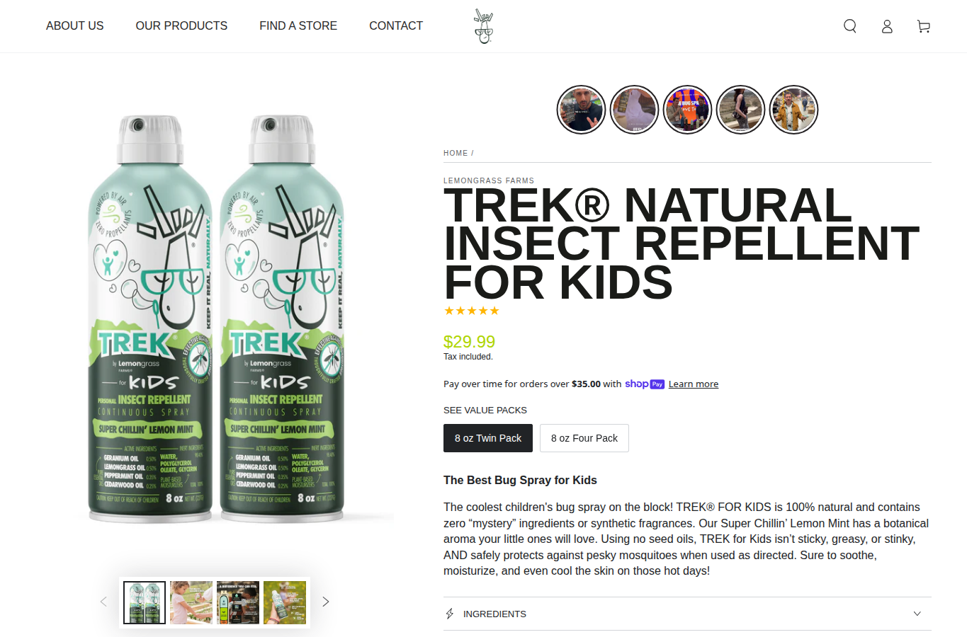 TREK by Lemongrass Farms page screenshot for natural insect repellent