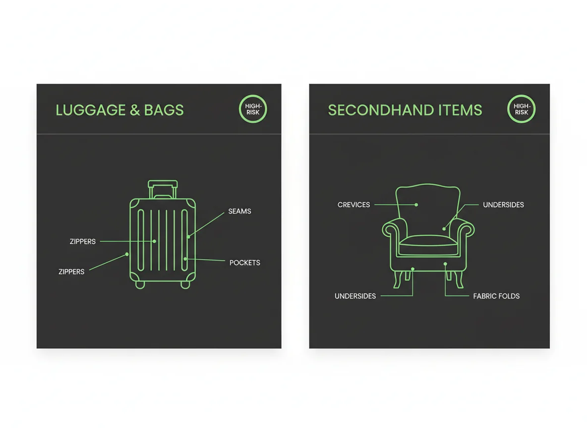 A comparison board showing where bed bugs live and hide in high-risk travel items like luggage and secondhand furniture before they enter a home.