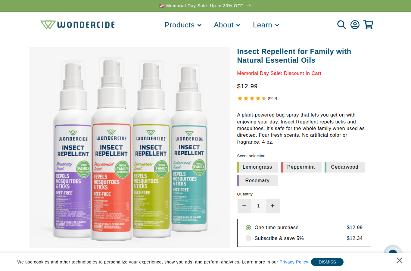 Wondercide page screenshot for natural insect repellent