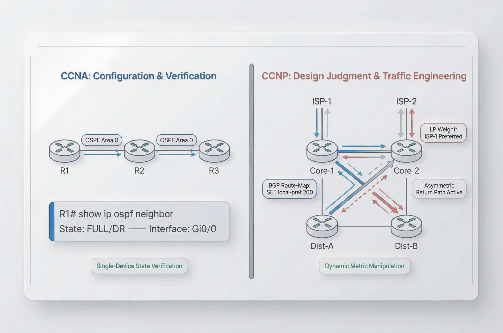 Side-by-side network topology diagram illustrating the ccna vs ccnp enterprise difficulty gap through basic OSPF verification versus advanced BGP policy path prediction.