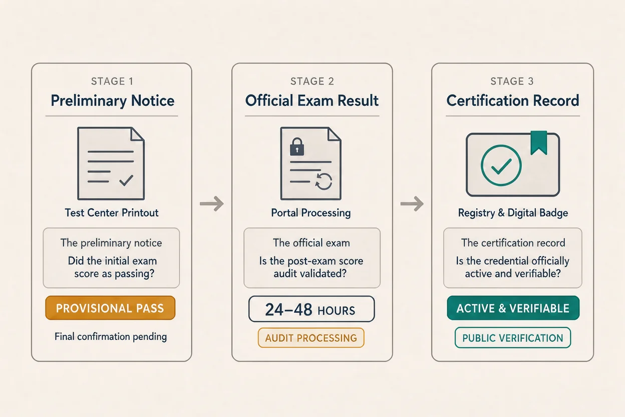 PMP certification credential verification stage breakdown comparing the pmp preliminary pass notification test center printout to official PMI exam results and active registry status.