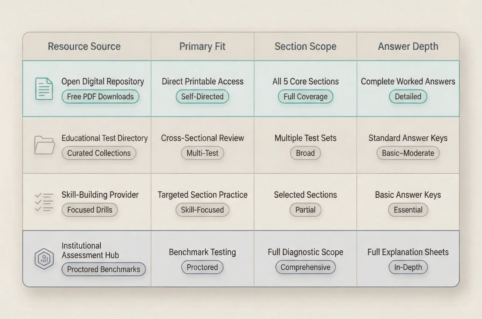 Comparison matrix of four printable resource options for hspt test sample questions, evaluating section coverage, timing instructions, and answer explanation depth.