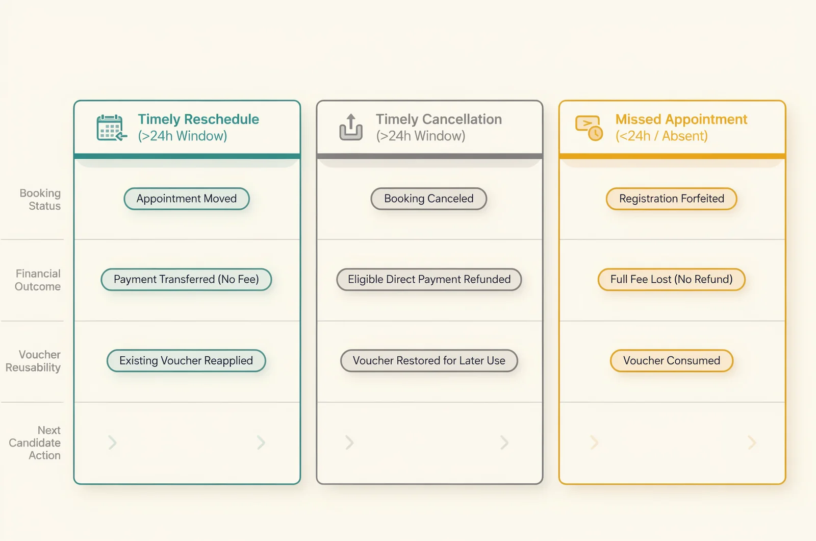 Comparison matrix breaking down the AWS exam cancellation and reschedule policy rules for appointment dates, refunds, and voucher preservation.