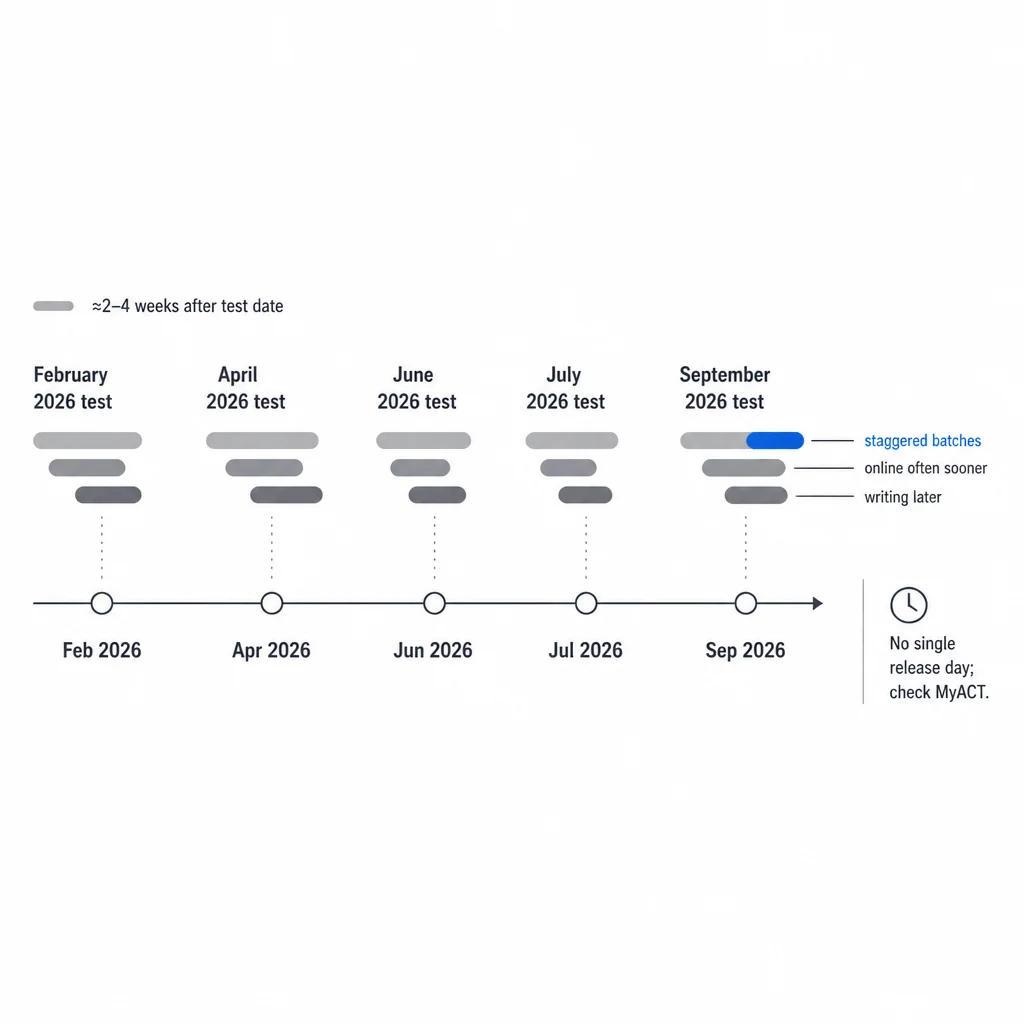 Minimal 2026 ACT test scores timeline showing February, April, June, July, and September test months with approximate 2–4 week score posting windows.
