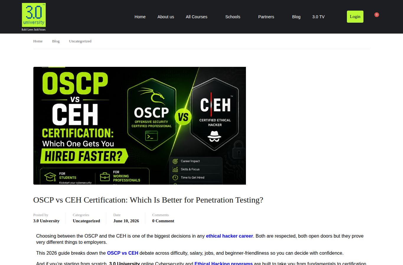3.0 University website screenshot for CEH vs OSCP 2026