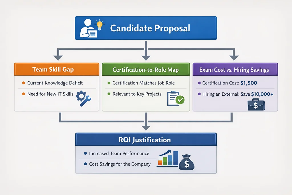 Business case decision flow for securing employer paid IT certification with ROI gates and readiness evidence