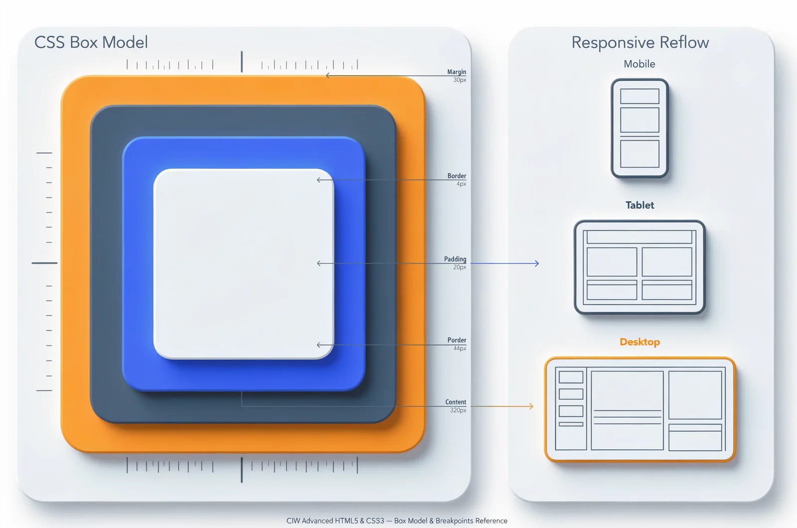 CSS box model diagram with labeled content, padding, border, and margin layers beside mobile, tablet, and desktop breakpoint frames, illustrating a key advanced-html5 exam topic