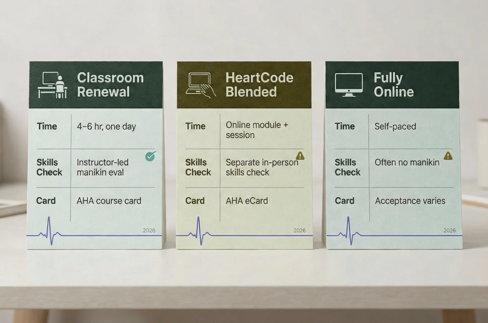 Three-column comparison board of ACLS recertification exam options for 2026 contrasting classroom renewal, HeartCode blended learning, and fully online providers on time, skills check, and card type.