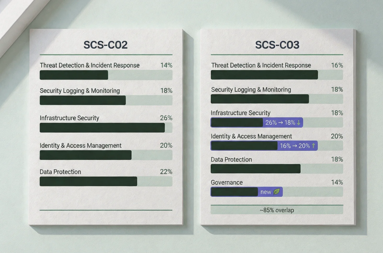 Before-and-after comparison of SCS-C02 and SCS-C03 domain weights, part of AWS certification exam domains explained cert by cert, showing IAM rising to 20% and a new 14% Governance domain.