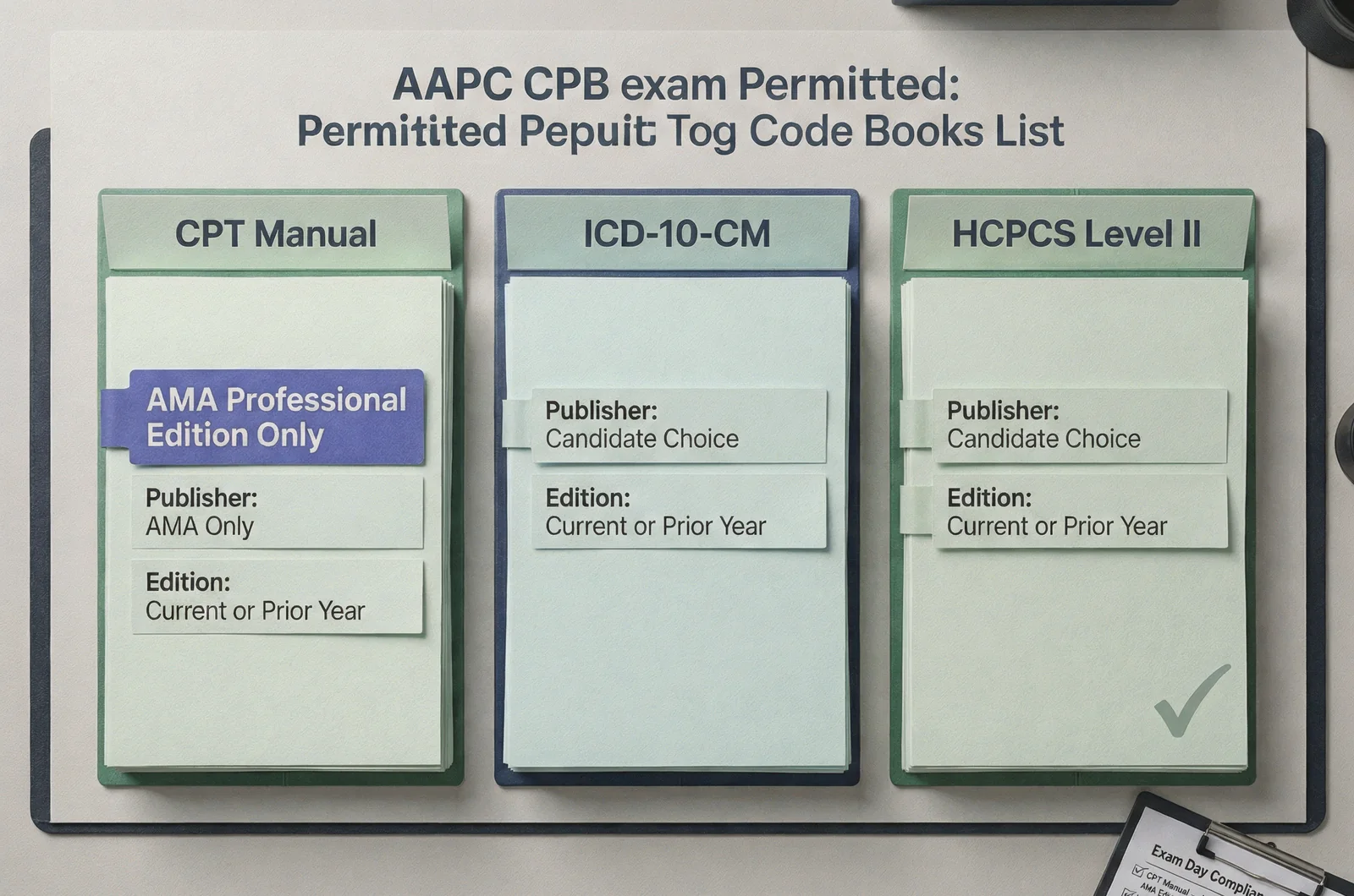 Comparison board illustrating the AAPC CPB exam permitted code books list with publisher and edition rules for CPT, ICD-10-CM, and HCPCS Level II.