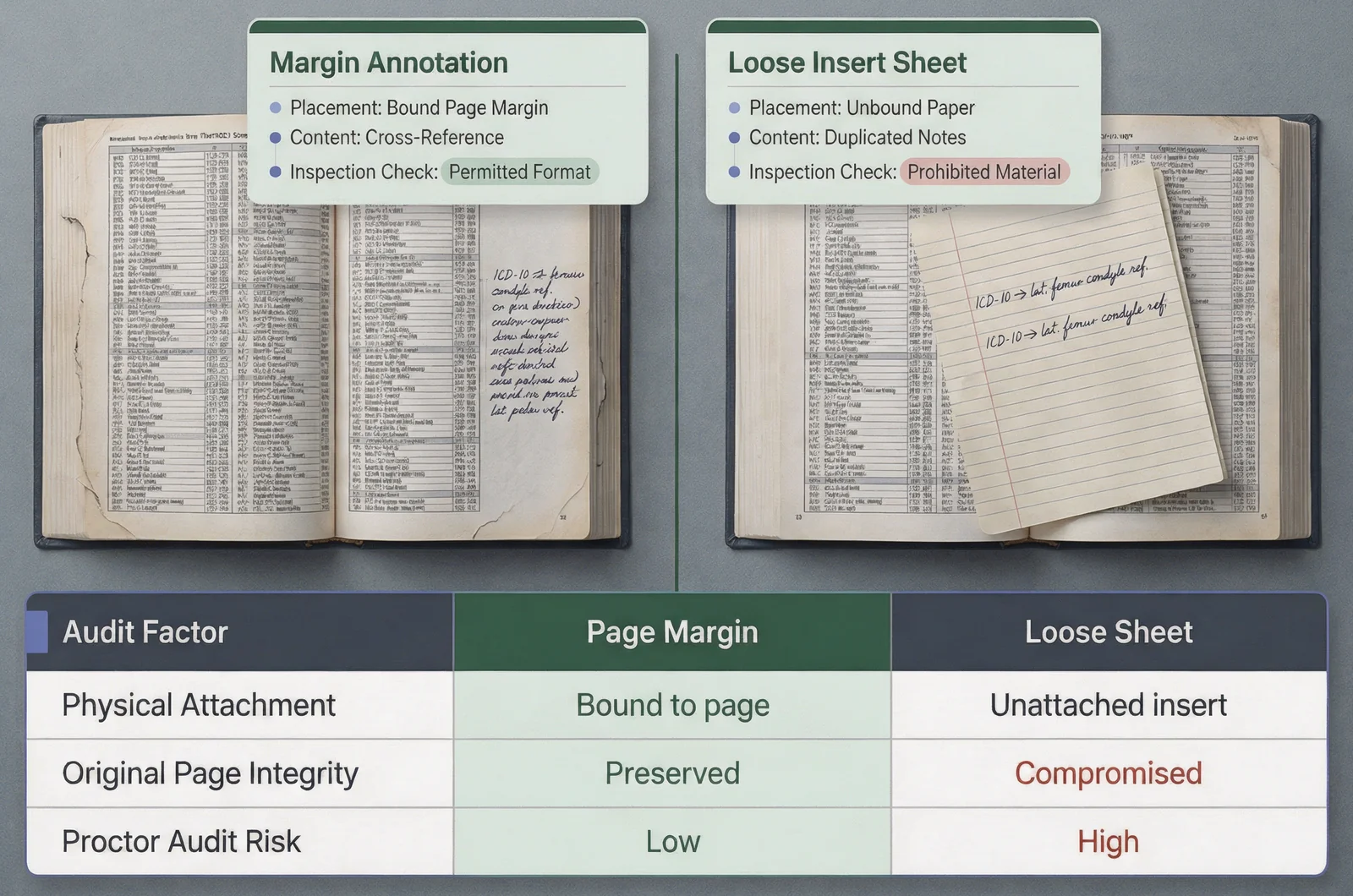 Side-by-side comparison board distinguishing allowed margin handwriting from unapproved notes in aapc exam code books, showing audit criteria for loose inserts versus bound pages.