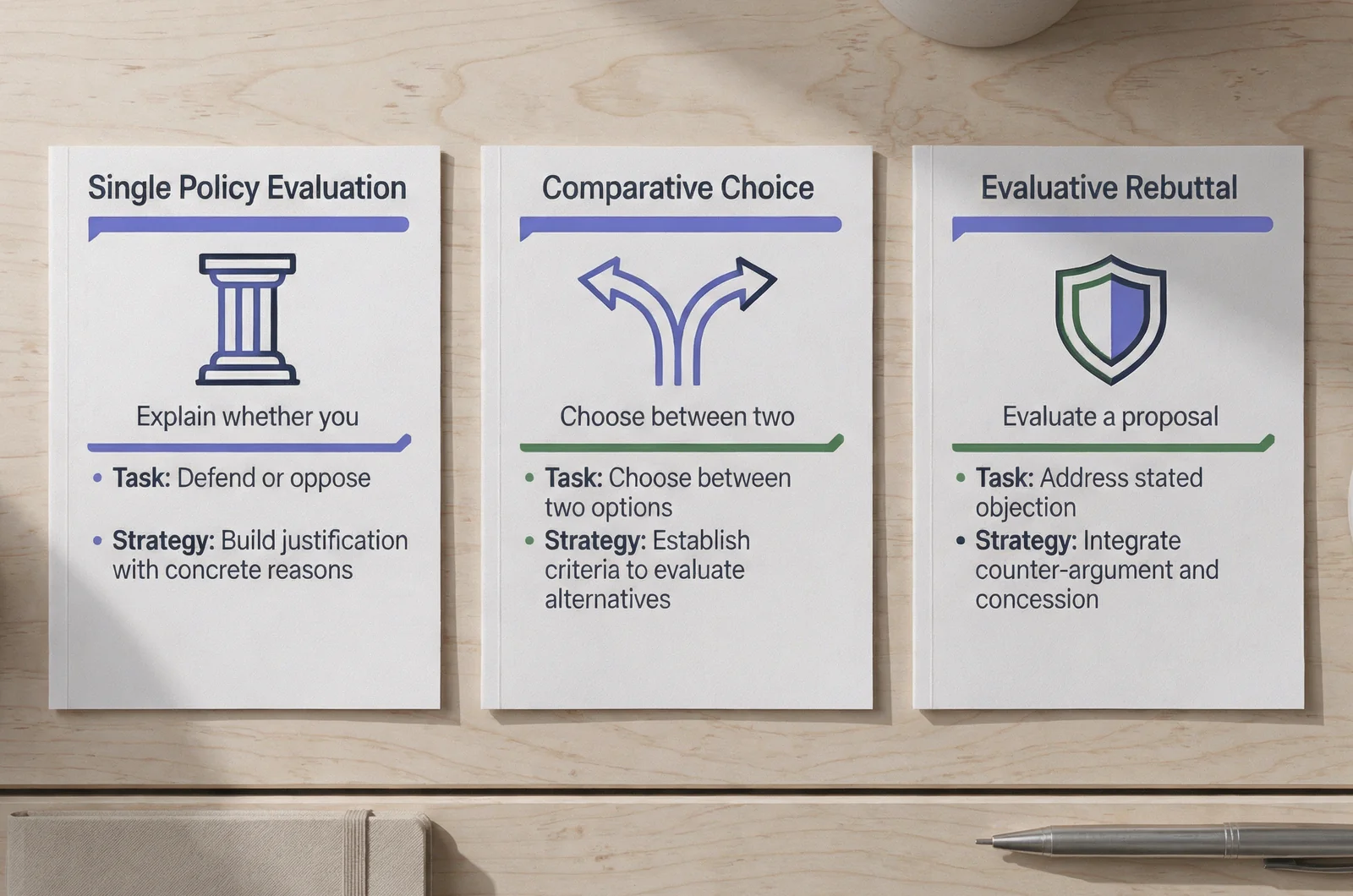 Comparison board illustrating three praxis core writing argumentative essay prompts examples and their strategic planning requirements.