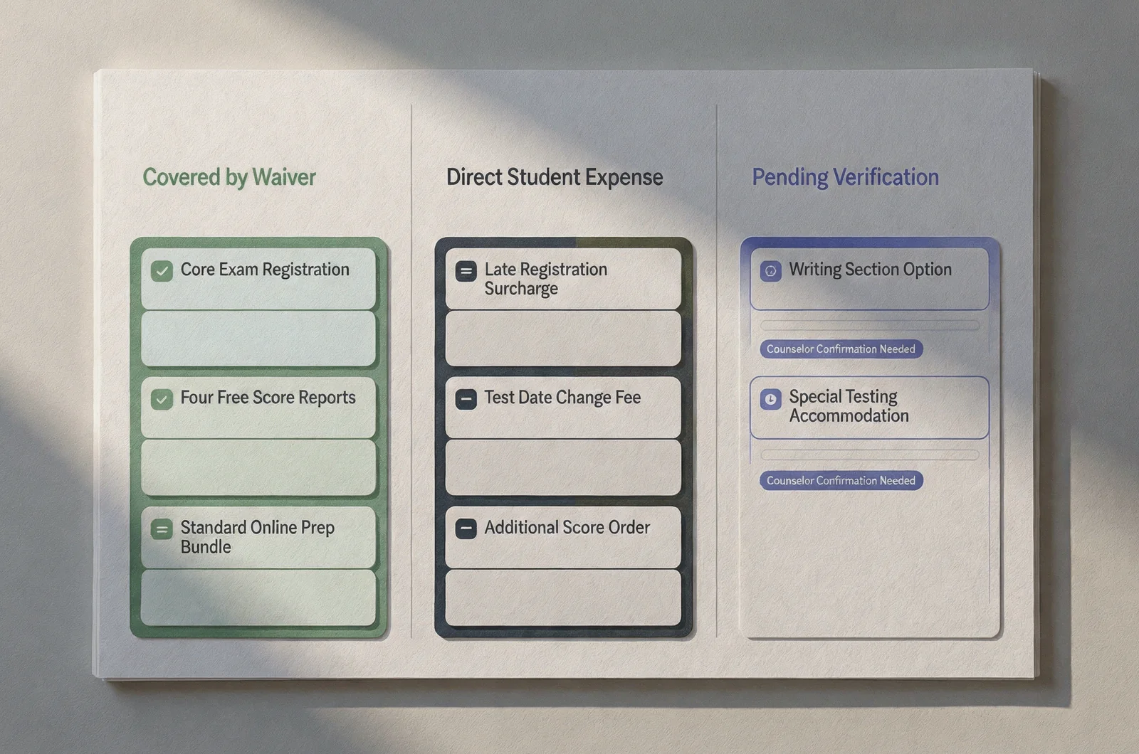 A structured three-column fee audit board categorizing registration costs, out-of-pocket fees, and pending counselor reviews to clarify act test fee waiver eligibility.