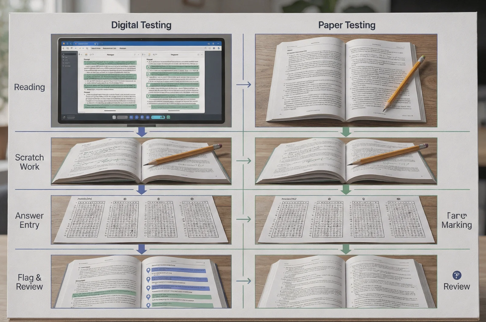 Comparison board analyzing the ACT digital test vs paper format across passage reading, scratch work, answer marking, and question review.
