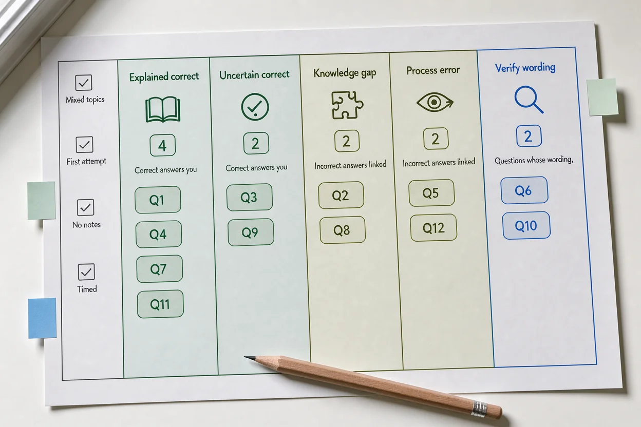 Diagnostic review log sorting practice questions into explained correct, uncertain correct, knowledge gap, process error, and verify-wording groups to prepare for AACD written exam passing standard requirements
