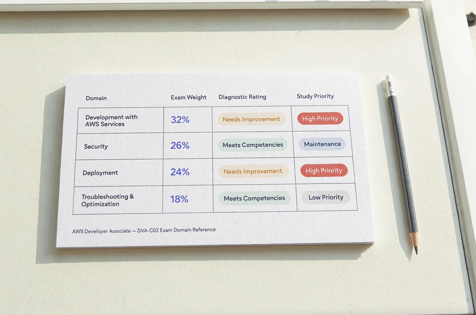 A printed comparison matrix illustrating AWS exam diagnostic score report interpretation by cross-referencing domain weight percentages with sectional performance ratings.