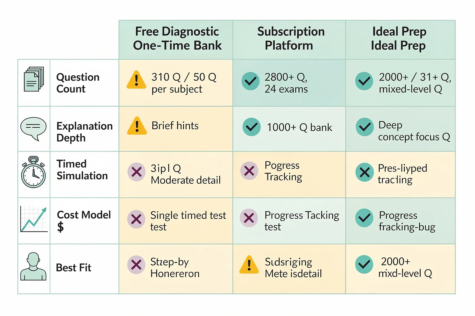 Comparison matrix of free versus paid hesi exam practice questions showing question count, explanations, timed simulation, and tracking across prep types