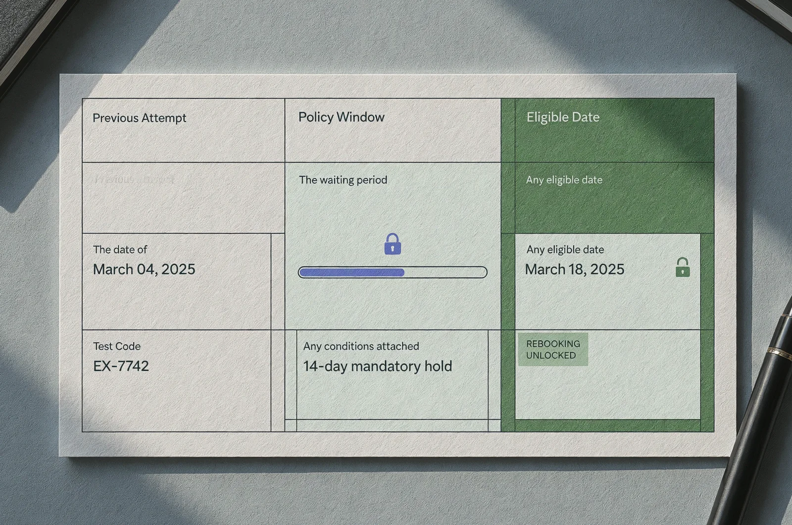 Administrative tracking card showing the calculation of an eligible test date under the AWS certification retake policy waiting period.