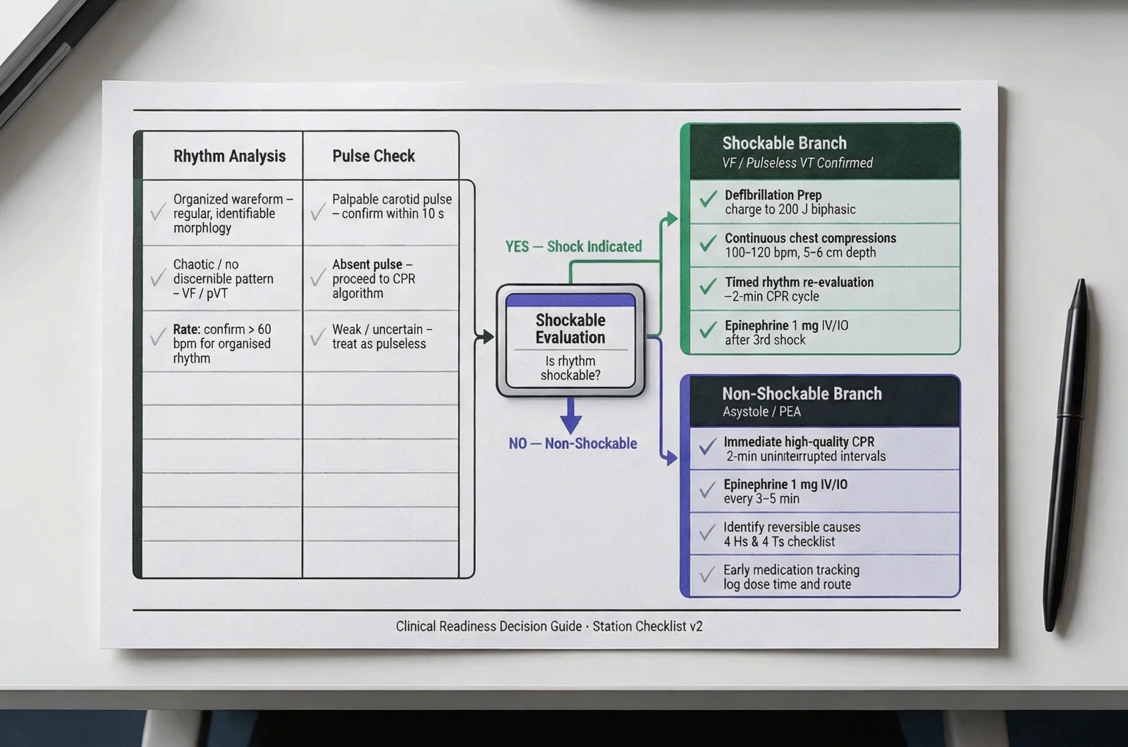 Structured rhythm and pulse decision gate checklist illustrating shockable and non-shockable branches for an acls megacode testing scenario flow chart.