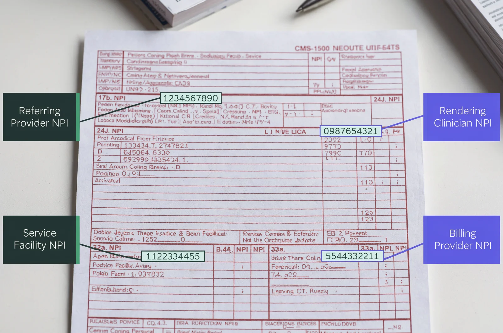 Annotated CMS-1500 claim form mapping provider NPI box placements tested in the cpb exam format and question types.