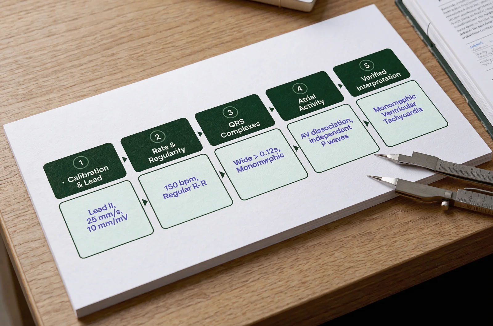 Step-by-step five-stage workflow for ACLS exam ECG rhythm identification guide showing calibration, rate, QRS, atrial activity, and rhythm interpretation.