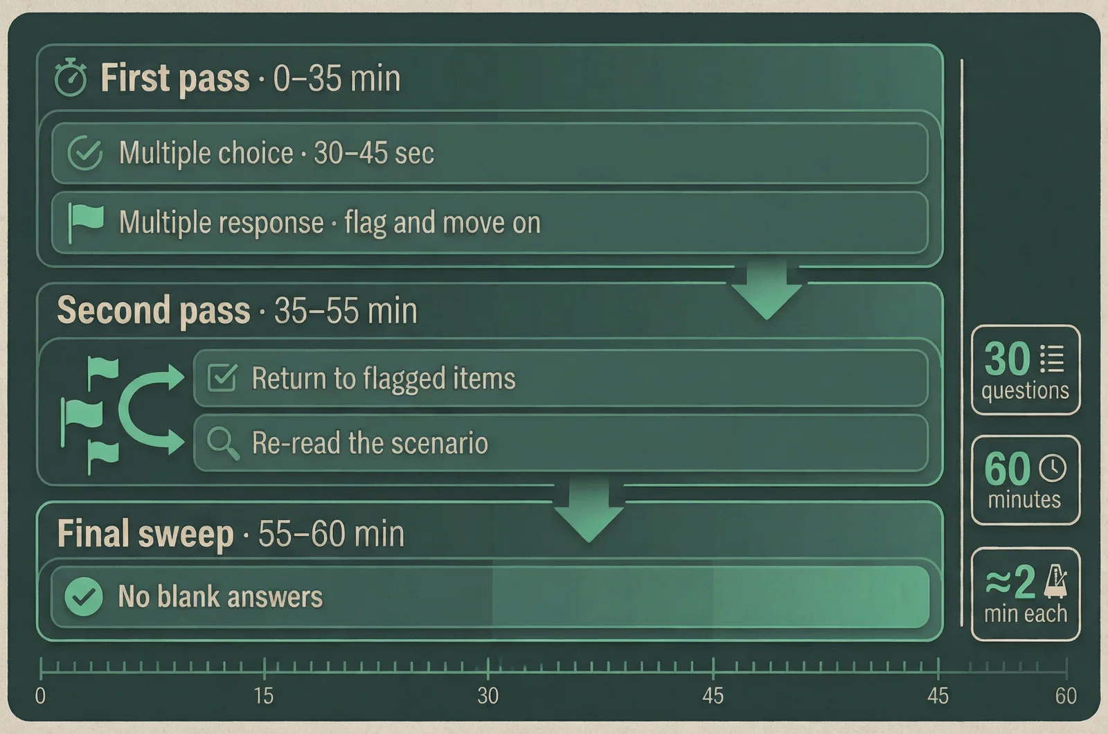 aca-930 two-pass exam pacing workflow diagram showing how to flag multi-select questions and schedule a final sweep across a 60-minute, 30-question test