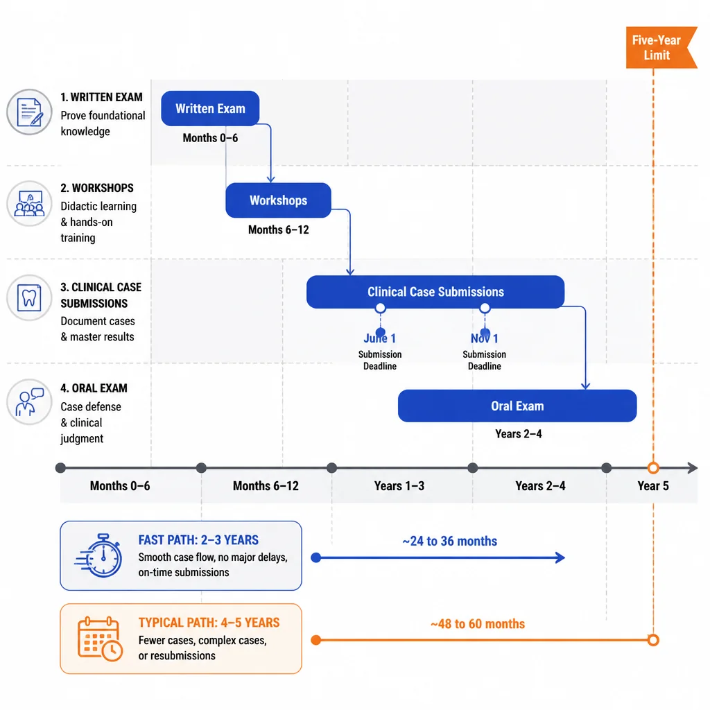Five-year timeline diagram of the AACD cosmetic dentistry accreditation process, from written exam through clinical case submissions to the oral examination, with the five-year completion limit flagged