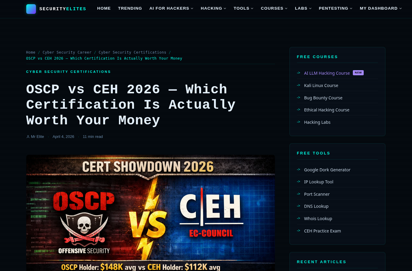 SecurityElites website screenshot for CEH vs OSCP 2026