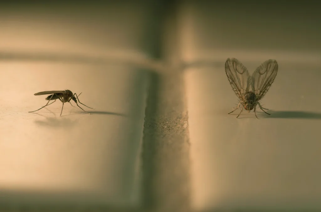 Macro photograph comparing a slender fungus gnat with wings folded flat against a fuzzy moth-like drain fly in its heart-shaped wing roofline on UK bathroom tiles — a key identification clue for fungus gnats vs drain flies.