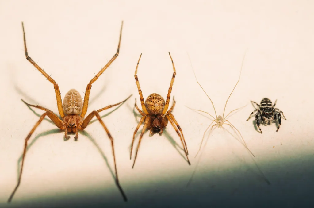 Photo comparison of the most common house spiders UK homeowners report indoors — giant house spider, common house spider, cellar spider and zebra jumping spider at true relative scale on a neutral surface