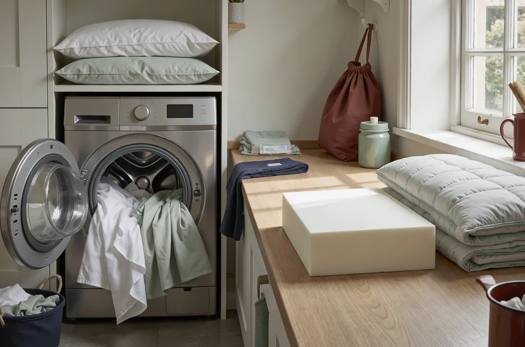 Washable cotton bedding loaded into a domestic washing machine drum beside an unwashed foam pillow in a UK home, demonstrating what kills dust mites instantly through high heat laundering.
