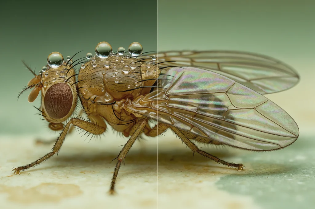 Macro comparison showing how surfactant breaks surface tension on insect wings when using a homemade spray to kill fruit flies in a UK kitchen.