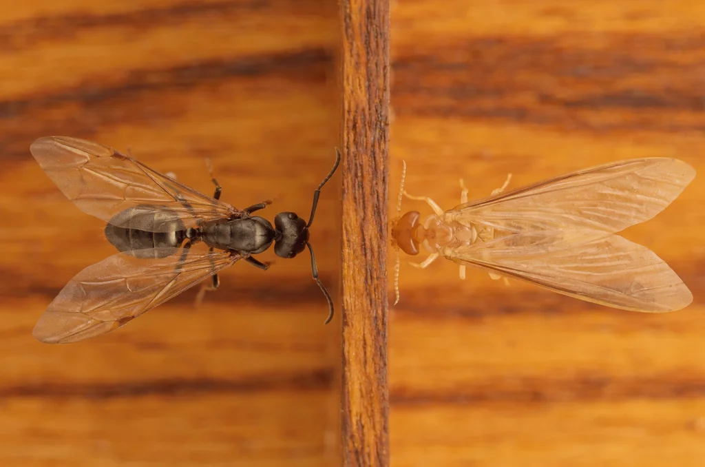 Side-by-side macro comparison of a winged British garden ant and a subterranean termite swarmer resting on timber, showing anatomical differences for UK homeowners asking are there termites in the uk.