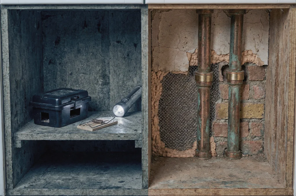 Rodent entry point beneath a UK kitchen sink showing pipe gap inspection and exclusion mesh, illustrating treatment scope factors when evaluating how much do the council charge for pest control.