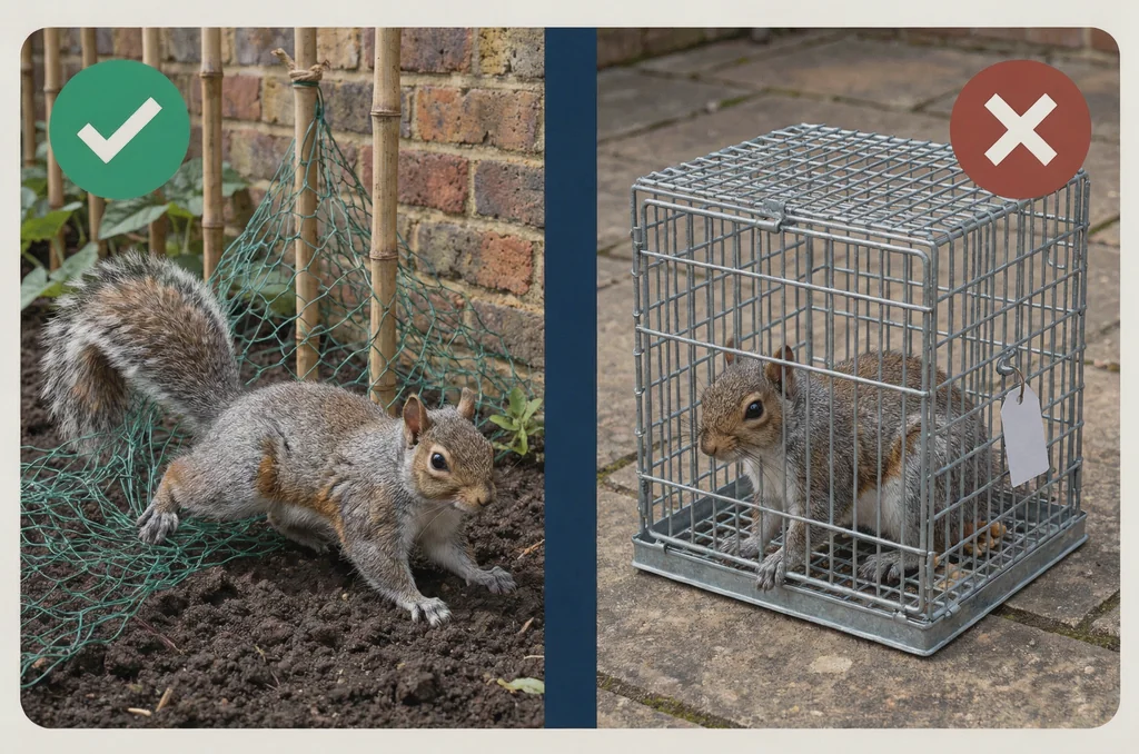 Grey squirrel tangled in garden netting beside a grey squirrel in a cage trap in a UK garden, showing accidental restraint versus deliberate capture when asking is it legal to release trapped squirrels uk