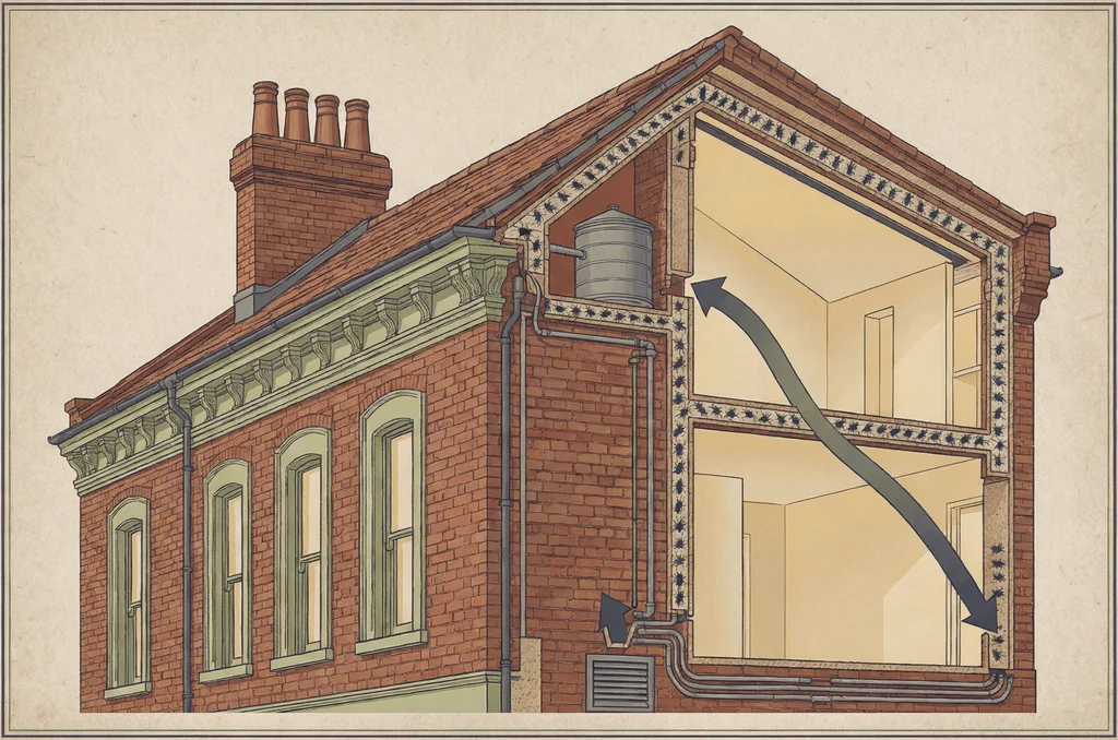 Cutaway map of a period London terraced house showing the entry routes that let cluster flies in house all of a sudden, including sash window gaps, eaves openings and service penetrations leading to loft void harbourage