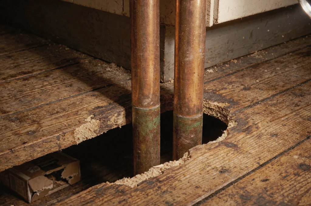 Rodent entry point around copper pipework beneath a kitchen sink in a London flat, illustrating ingress gaps that prompt pest control London inspections.