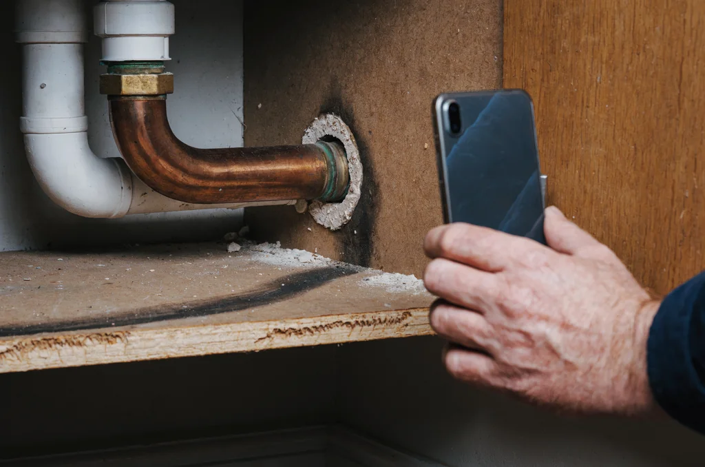 Unsealed pipe gap and entry point beneath a UK kitchen sink being photographed for inspection before contacting bpca pest control near me.