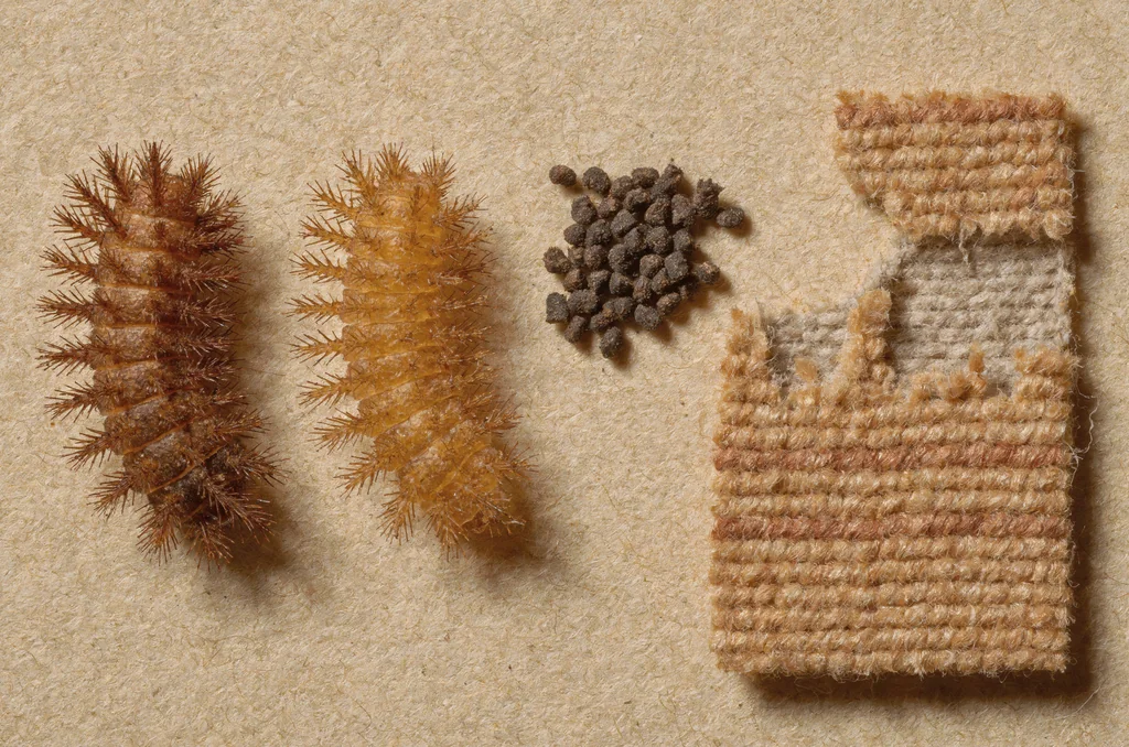 Macro inspection view of a carpet beetle larva, shed skin casing, and damaged wool fibres in a UK home, showing physical signs that clarify how many carpet beetles is an infestation.