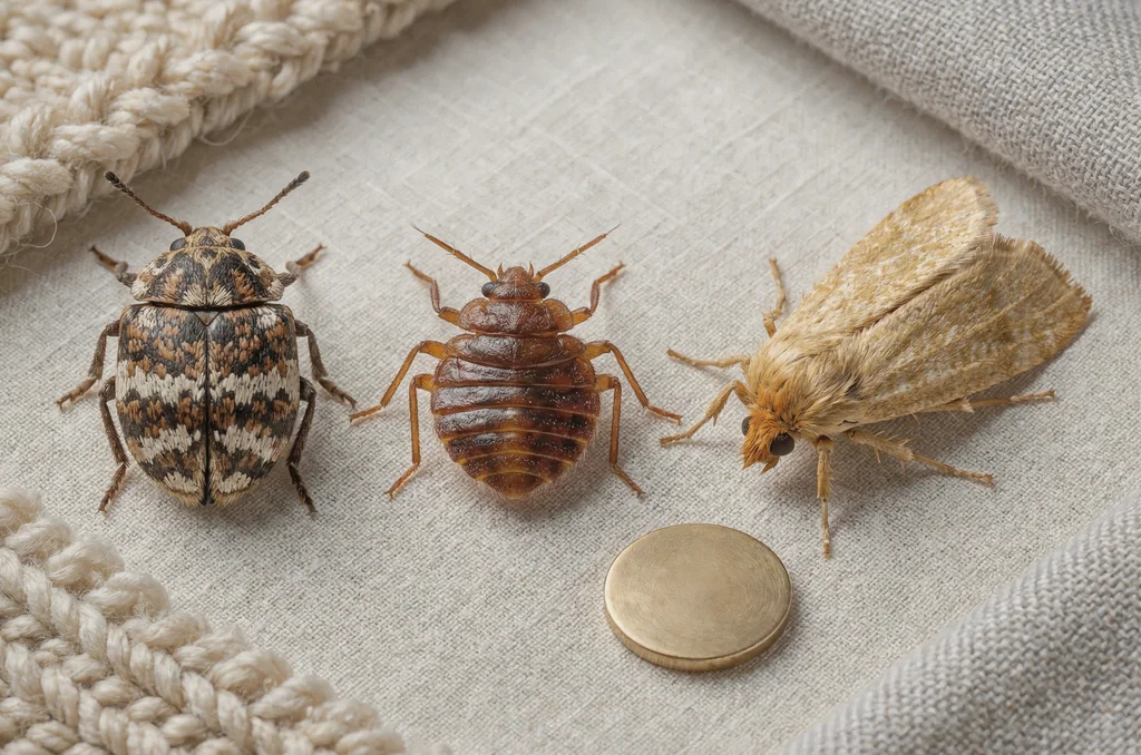 Identification evidence board comparing an adult varied carpet beetle, bed bug, and clothes moth side by side to diagnose why do i have carpet beetles in my bedroom in a UK property.