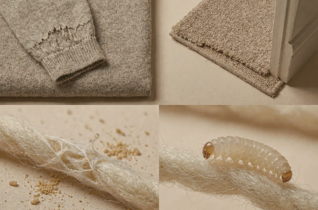 Overhead field-guide view of the first signs of clothes moths, showing grazed wool pile, thin jumper seams, silken webbing, gritty frass and a cream larva on natural fibres in a UK home
