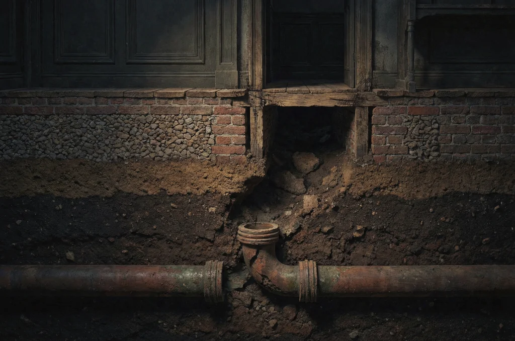 Architectural cutaway of sub-floor drainage showing signs of rats in sewer pipes escaping through an unsealed redundant drain branch in a UK house.