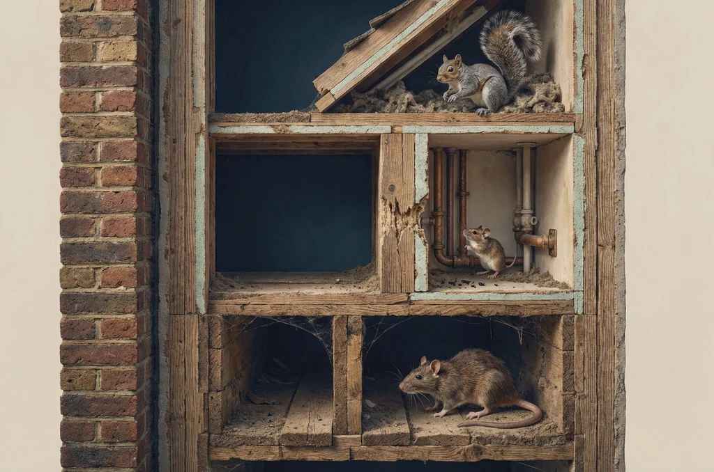 Cutaway of a UK terraced house wall showing a mouse by pipe boxing, a rat in the floor void and a squirrel near the eaves as possible causes of a scratching noise in a cavity wall at night