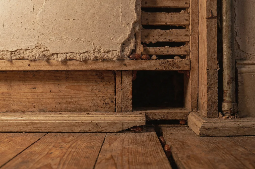 Cutaway of a period London flat wall and floorboard junction showing bed bug harbourage in the plaster void and floorboard gaps, a key entry point for how to get rid of bed bugs uk homes face in conversions