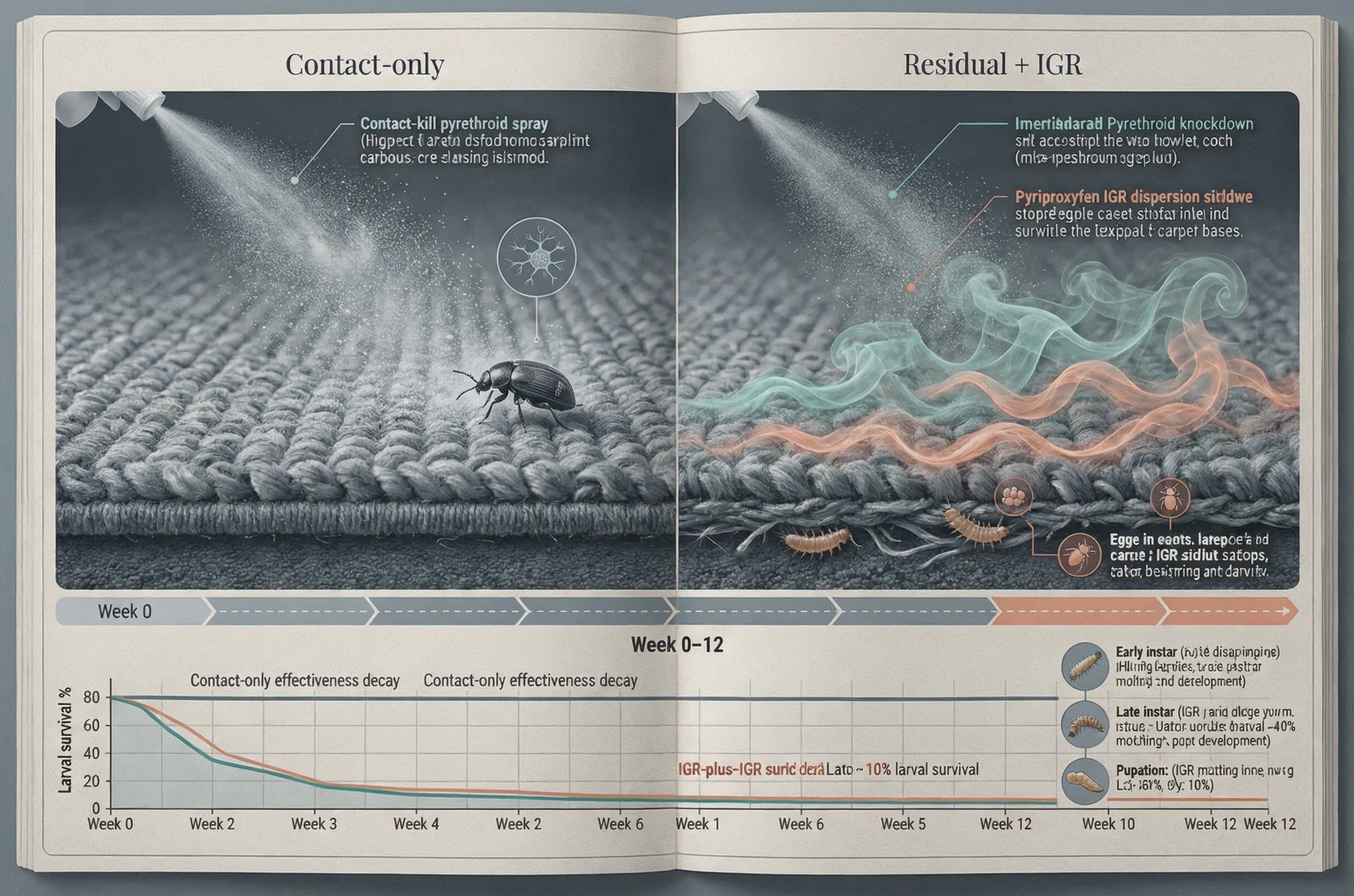 Diagram comparing how carpet beetles spray mechanisms work, showing contact-kill versus residual-plus-IGR effectiveness over 12 weeks