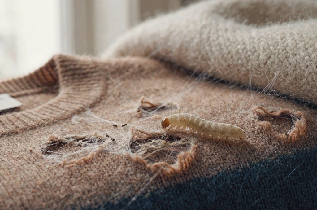 Macro photo of a cream-coloured clothes moth larva feeding on a holed cashmere jumper, showing where clothes moths come from and why larvae damage wool in UK homes
